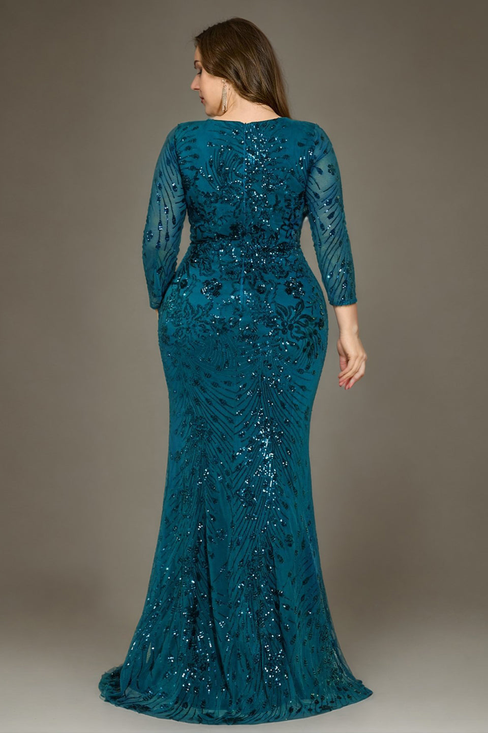 Curveins Plus Size V Neck Long Sleeve Sequin Floral Pattern Elegant Maxi Dress
