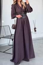 Women Elegant Deep V Lantern Sleeve Leather Waist Maxi Dress