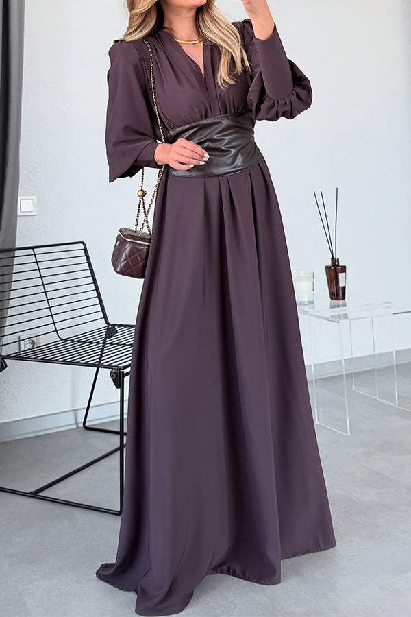 Women Elegant Deep V Lantern Sleeve Leather Waist Maxi Dress
