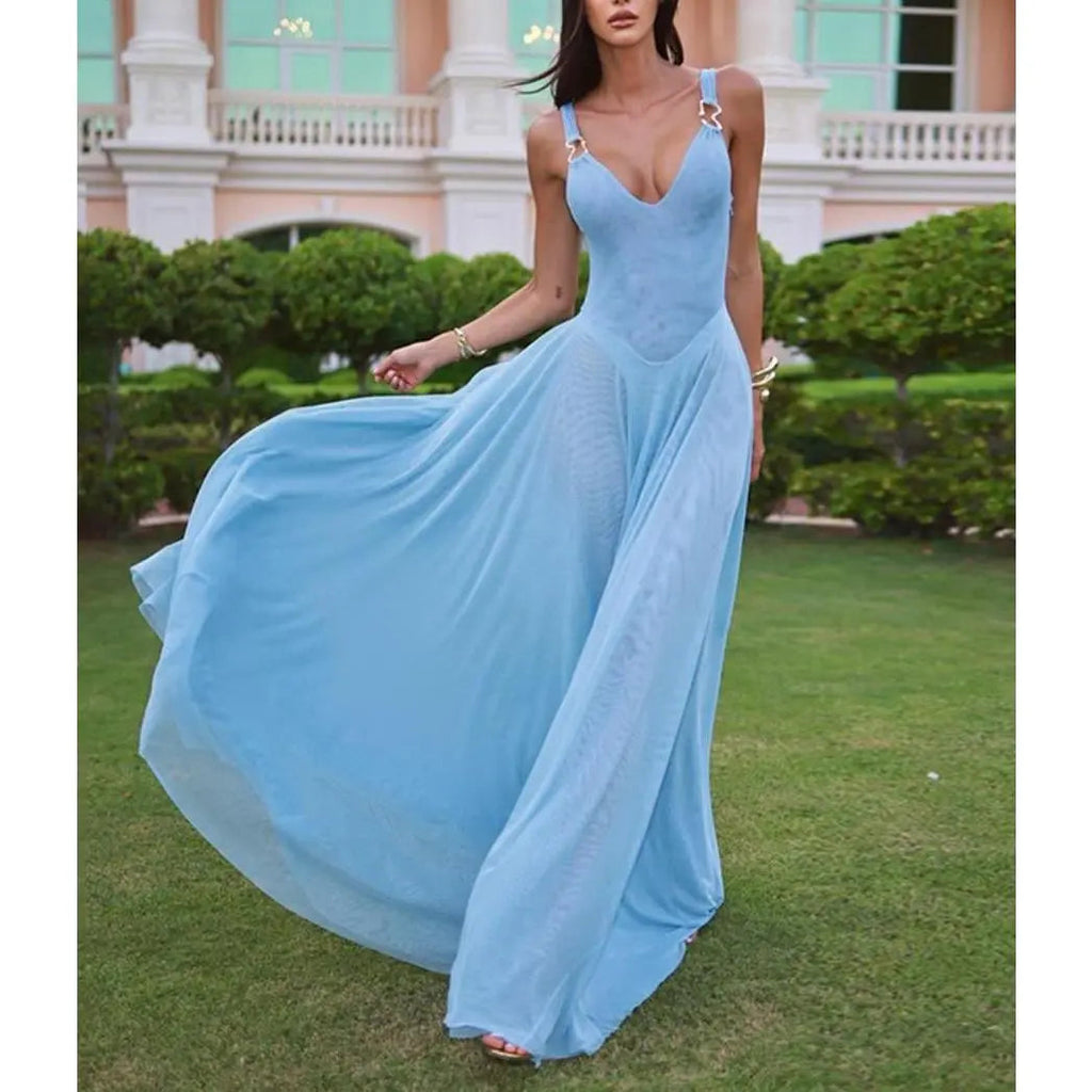 Women's deep V-neck solid tulle camisole dress