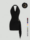 Women's Fashion Solid Color Ruched Halter Dress