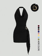 Women's Fashion Solid Color Ruched Halter Dress