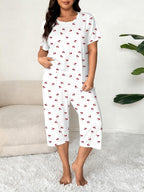 Plus-Size Women's Cherry Print Round Neck Short Sleeve Top and Capri Pants Set