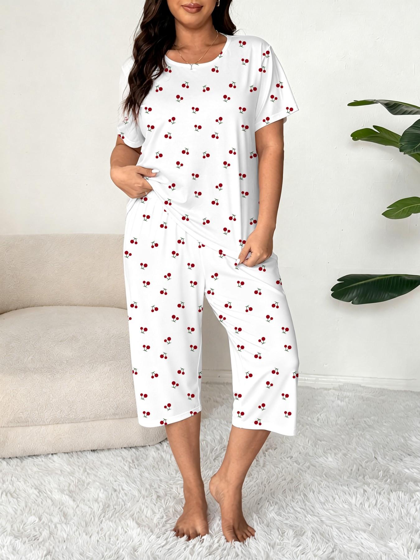 Plus-Size Women's Cherry Print Round Neck Short Sleeve Top and Capri Pants Set
