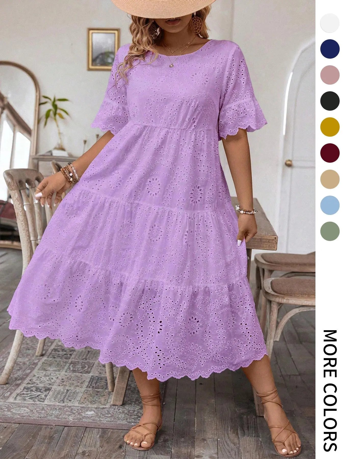 【Plus Size】 Solid Eyelet Embroidery Dress, Boho-Style Round-Neck Dress for Vacation and Everyday Wear – Women's Summer Clothing
