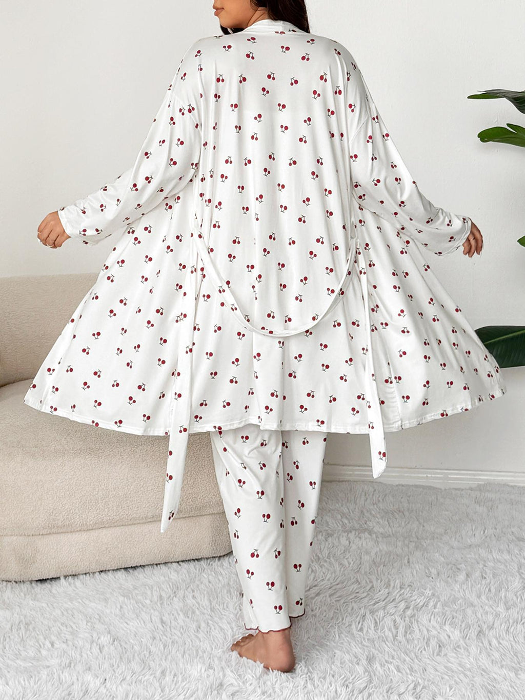 Plus Size Cherry Print Women's Sweet Comfortable Belted Robe & Sleeveless Long Pants & Cami Set