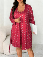 Plus Size Women's Nightwear Set, Floral Print Lace Nightdress + Long Robe