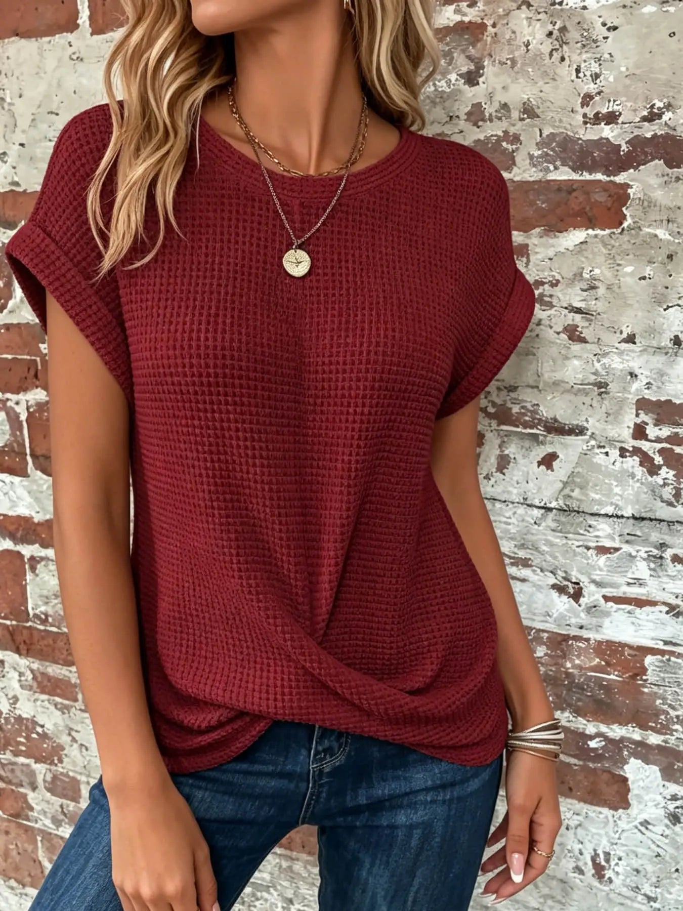 Women's fashionable casual loose round neck short sleeved top