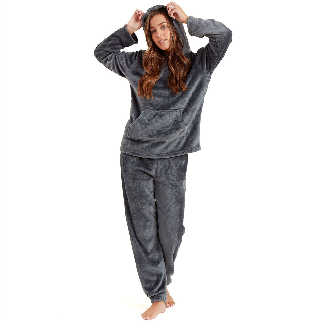 Womens Soft Fleece Hooded PJs Pyjama Bottoms Top Loungewear Set