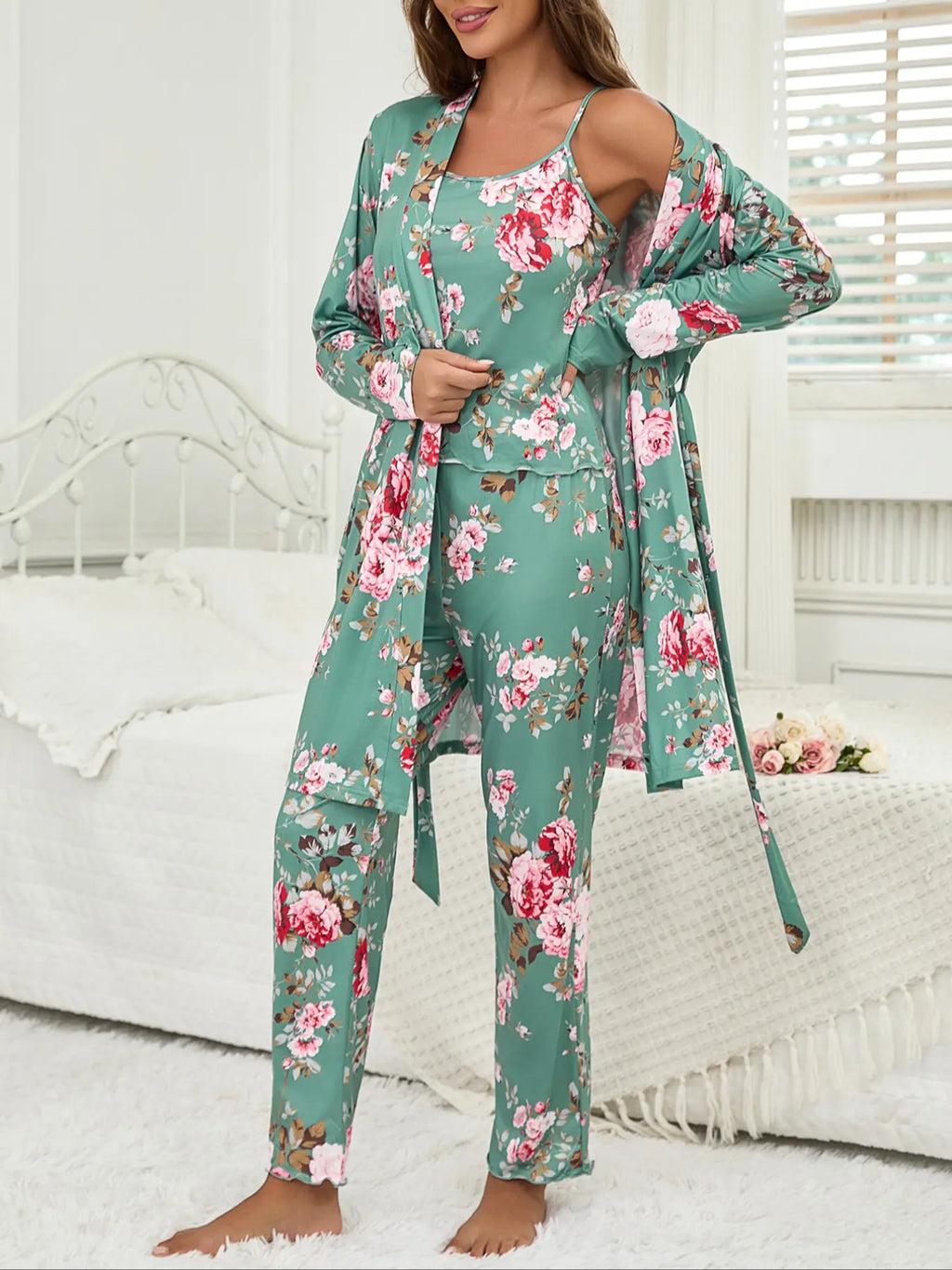 Women's All Over Floral Print Pajama Set, Long Sleeve Open Front Outwear & Pants & Cami Top