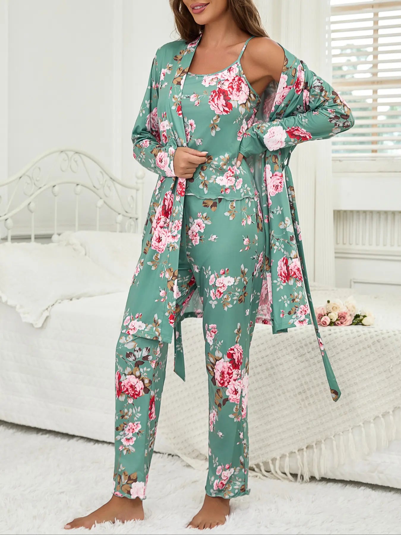 Women's All Over Floral Print Pajama Set, Long Sleeve Open Front Outwear & Pants & Cami Top