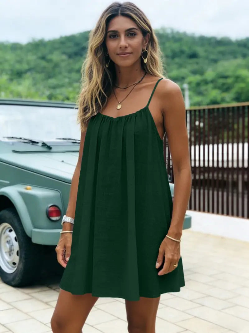 New Solid Backless Spaghetti Strap Short Dress