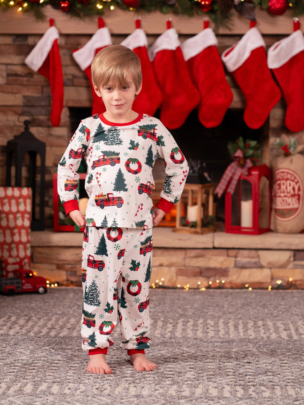 Christmas Family Matching Allover Xmas Tree & Car Print Long-sleeve Pajamas Sets with Christmas Socks Multi-color