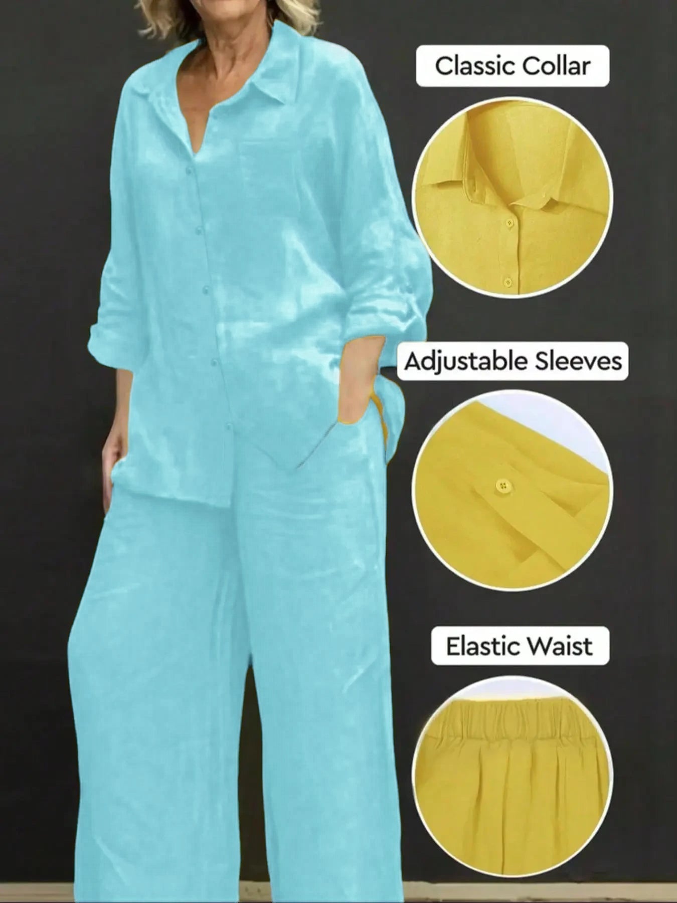 Women's Solid Color Shirt & Wide Leg Pants Set, Casual Fashion Cozy Breathable Two-piece Outfits for Daily Outdoor Wear, Women Clothes for Spring Fall