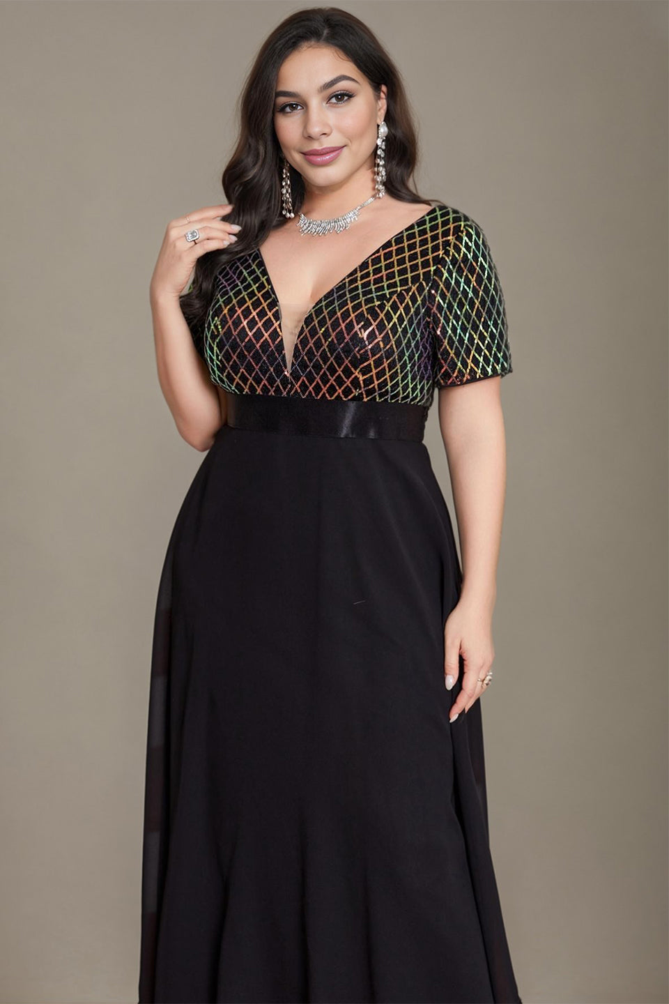 Curveins Plus Size Sequin V-Neck Short Sleeve Maxi Evening Gown