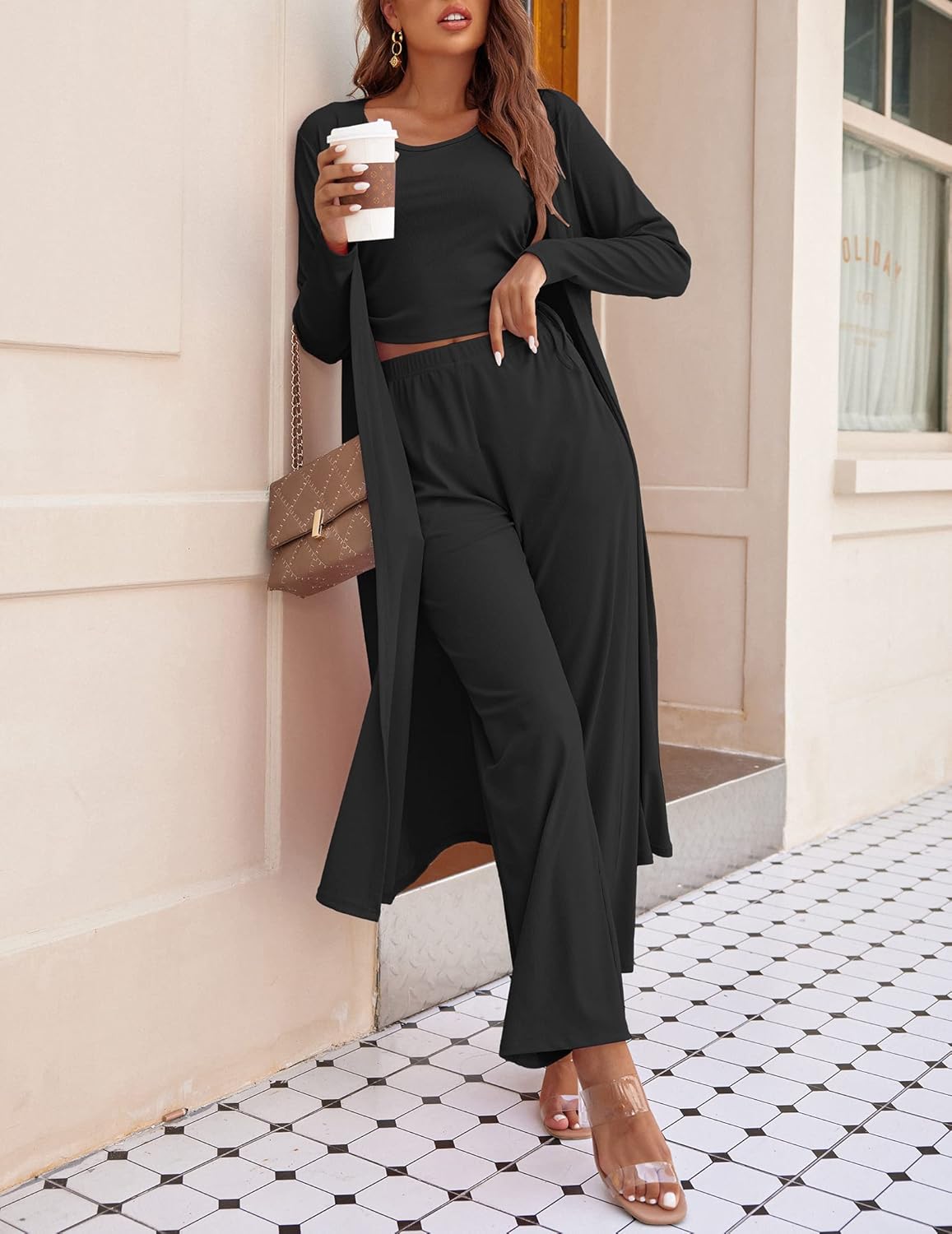 Women's 3 Piece Lounge Set Pajama Long Sleeve Cardigan Sleeveless Top Pants Sweatsuit