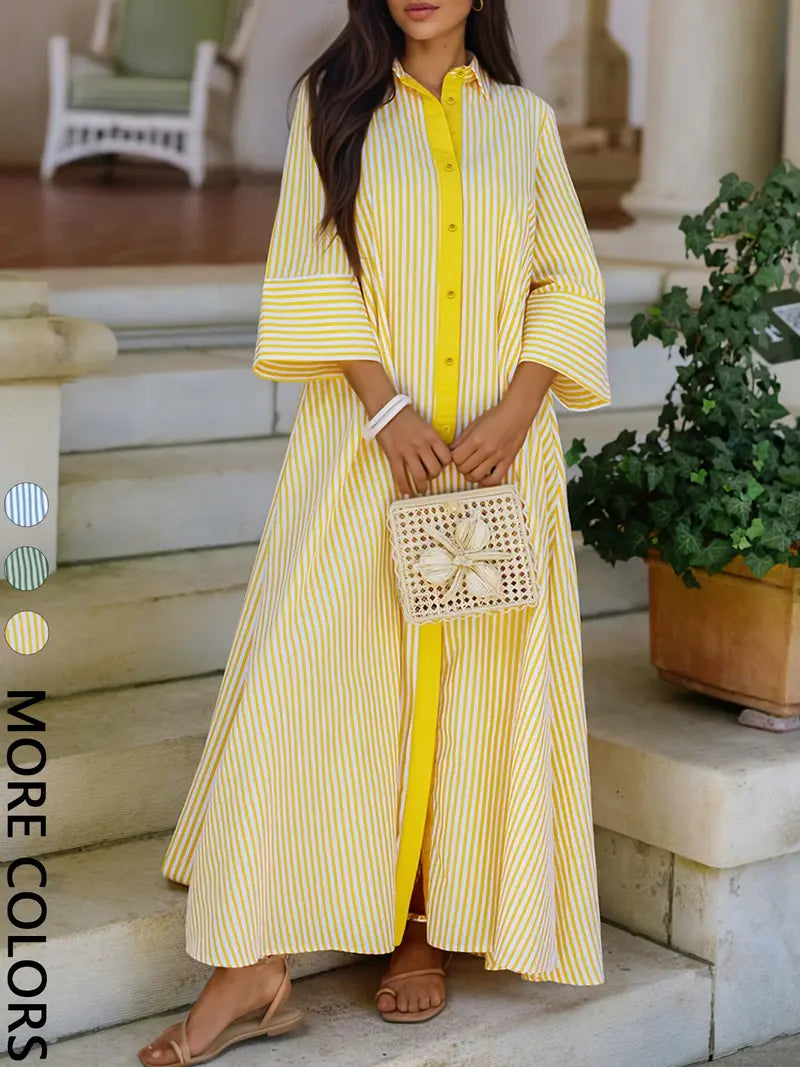 Elegant Women's Loose Collared Button Front Striped Shirt Dress
