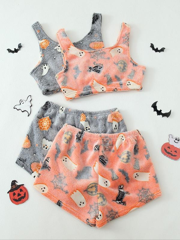 4 Counts/2 Set Women's Halloween Print Glow in The Dark Crop Tank Top & Elastic Waist Shorts Fluffy Pajamas, Casual Comfortable Loungewear for Women, Comfy Loungewear for Women, Women's Sleepwear for Fall, Fluffy Pajamas