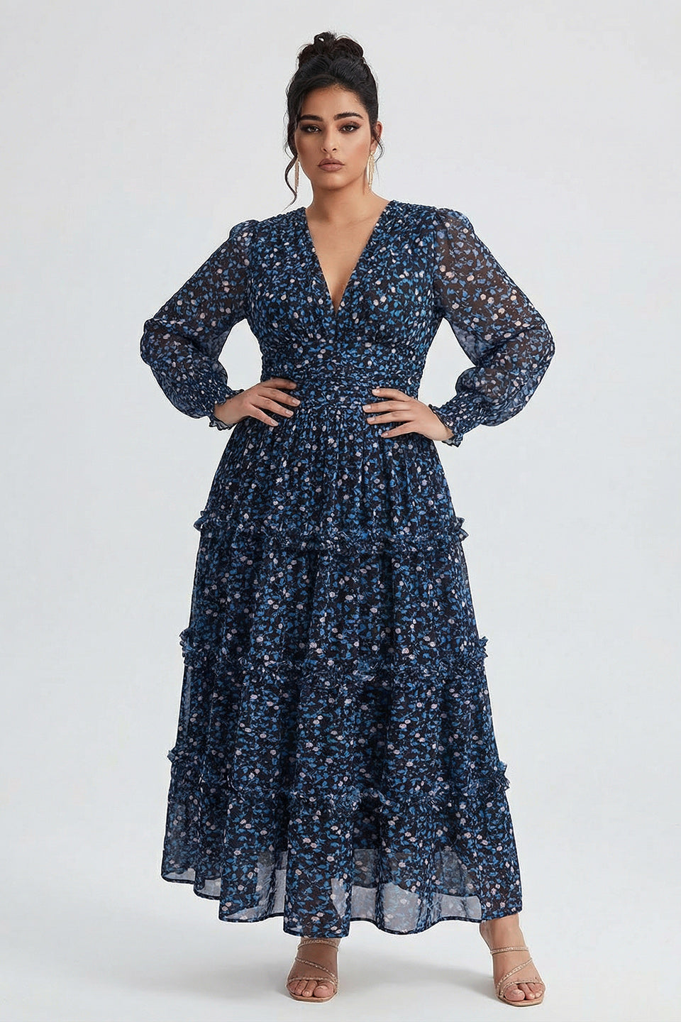 Curveins Plus Size V Neck Long Sleeve Floral Tiered Maxi Dress