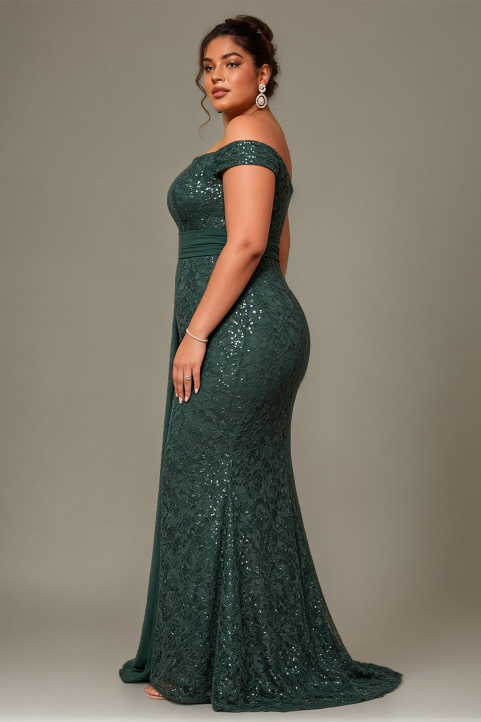 Curveins Plus Size Off Shoulder Sequin Waist Tie Elegant Evening Maxi Dress