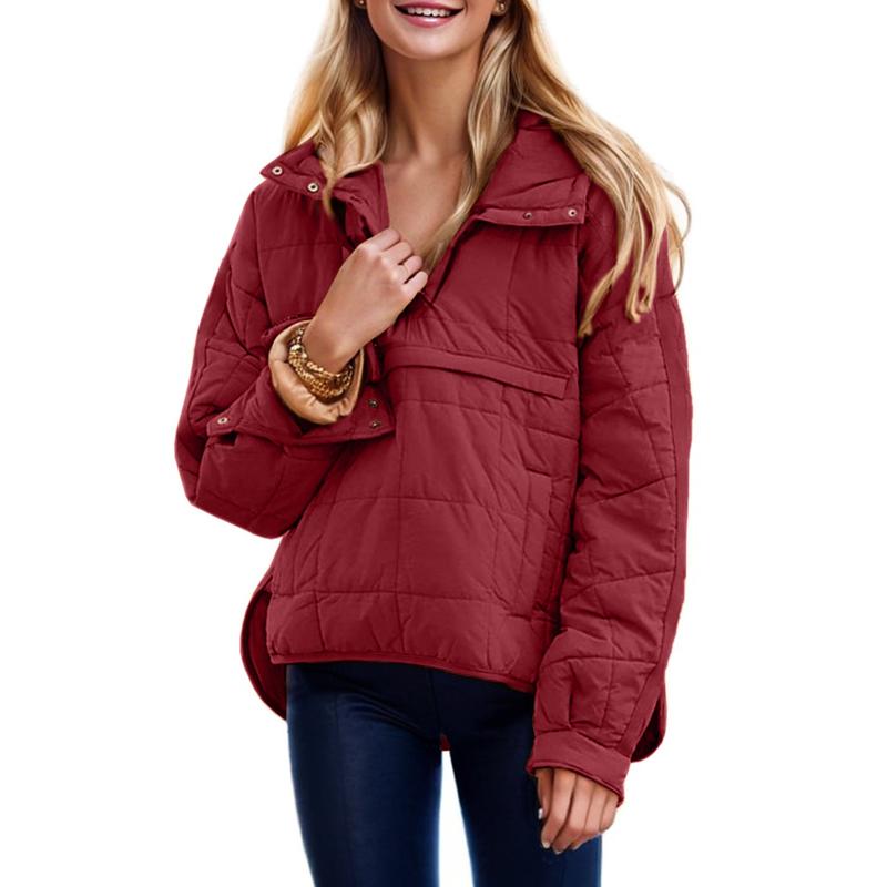 Women's Oversized Puffer Jacket Quilted Dolman Hoodies Pullover Long Sleeve Lightweight Warm Tops with Big Chest Pocket
