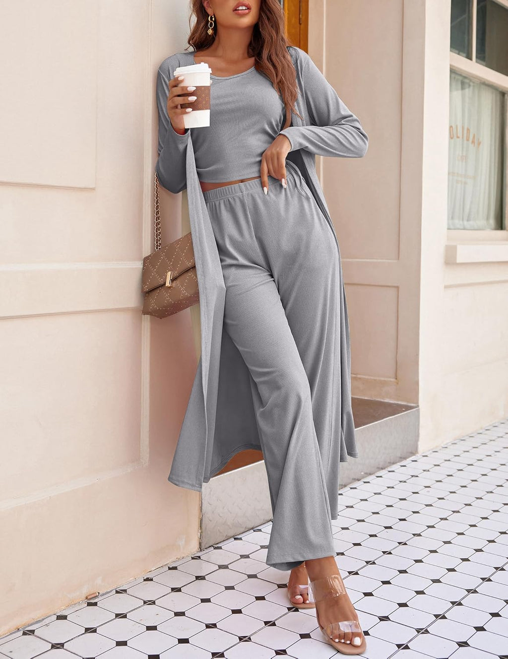 Women's 3 Piece Lounge Set Pajama Long Sleeve Cardigan Sleeveless Top Pants Sweatsuit