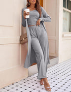 Women's 3 Piece Lounge Set Pajama Long Sleeve Cardigan Sleeveless Top Pants Sweatsuit