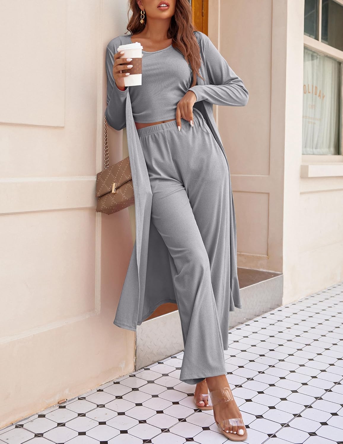 Women's 3 Piece Lounge Set Pajama Long Sleeve Cardigan Sleeveless Top Pants Sweatsuit