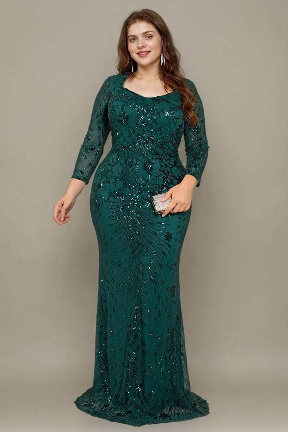 Curveins Plus Size V Neck Long Sleeve Sequin Floral Pattern Elegant Maxi Dress