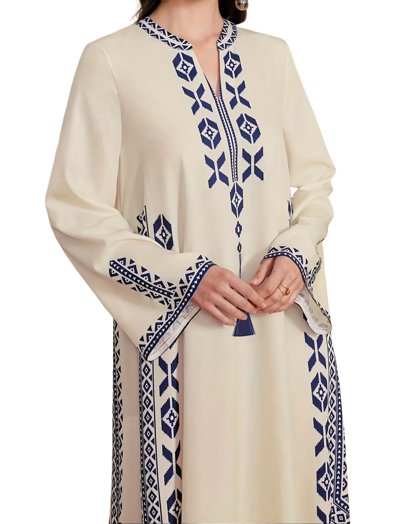 Women's Digital Print Dress, Middle Eastern Style Woven Fabric Long Sleeve A-Line Dress, Fitted Casual Fashion for Spring & Fall Seasons, Womenswear
