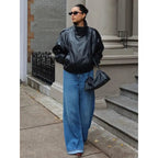 Black Faux Leather Jacket Stand Collar Oversized Moto Biker Jacket Elastic Hem Streetwear Casual Long Sleeve Waterproof Windproof Outerwear for Spring & Fall, Ladies Clothes for Daily Wear