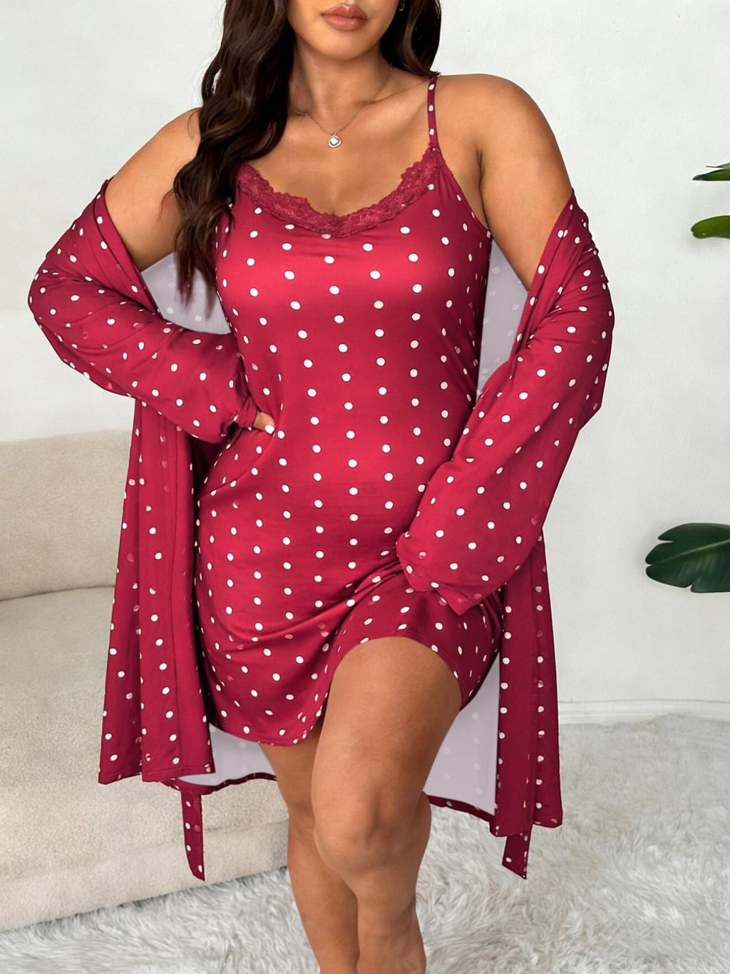 Plus Size Women's Nightwear Set, Floral Print Lace Nightdress + Long Robe