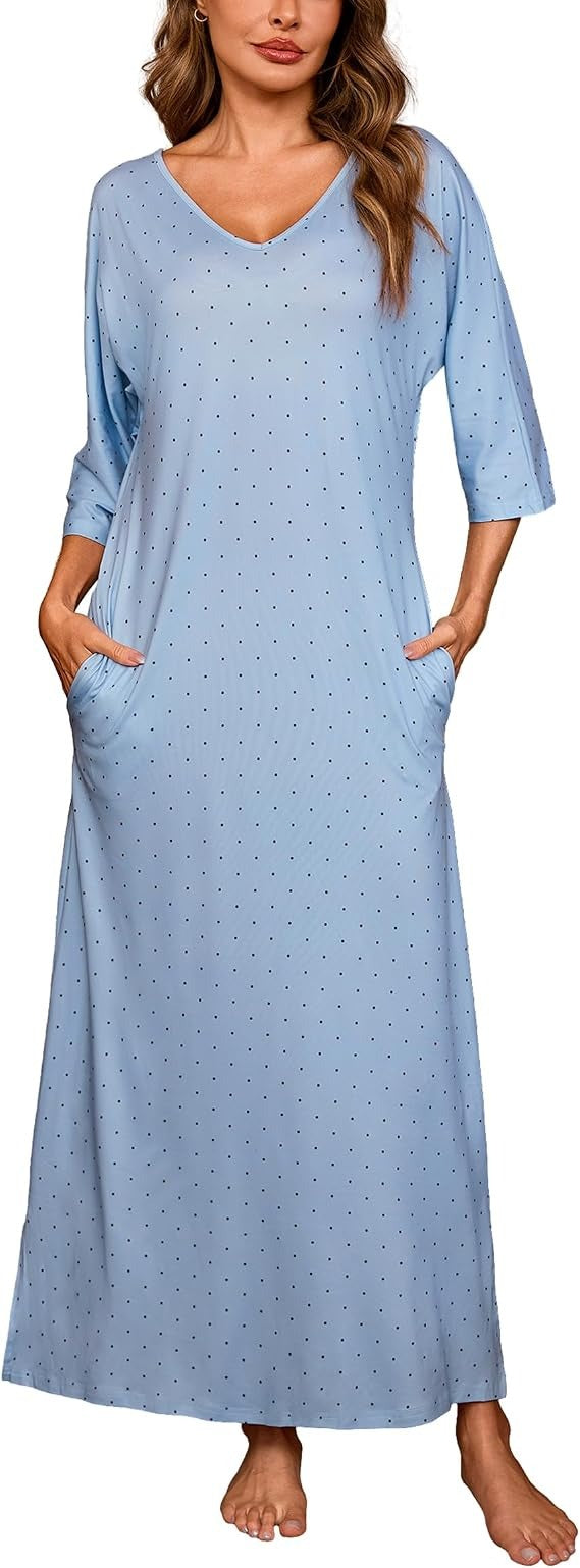 Women's long nightgown, three-quarter sleeve pure cotton pajamas, with pockets