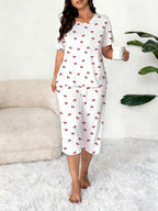 Plus-Size Women's Cherry Print Round Neck Short Sleeve Top and Capri Pants Set
