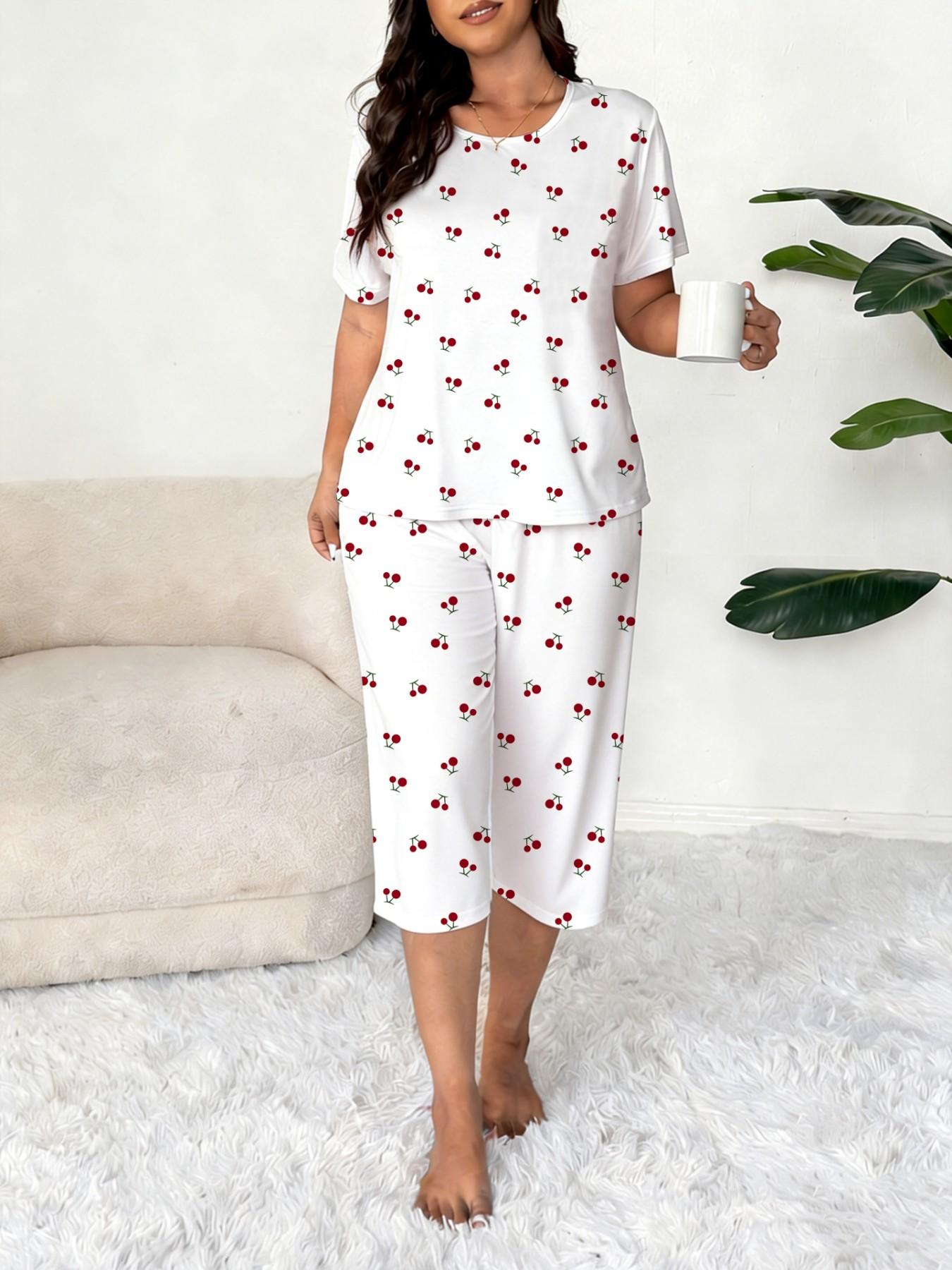 Plus-Size Women's Cherry Print Round Neck Short Sleeve Top and Capri Pants Set