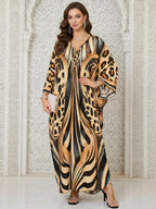 Women's Leopard Print Batwing Sleeve Split Hem Kaftan Dress, Casual Modest Style V-Neck 3/4 Sleeve Long Dress for Fall & Winter, Women's Islamic Clothing for Daily Wear