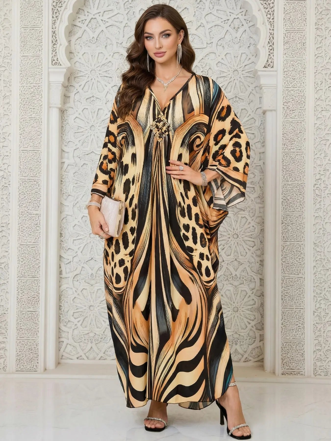 Women's Leopard Print Batwing Sleeve Split Hem Kaftan Dress, Casual Modest Style V-Neck 3/4 Sleeve Long Dress for Fall & Winter, Women's Islamic Clothing for Daily Wear