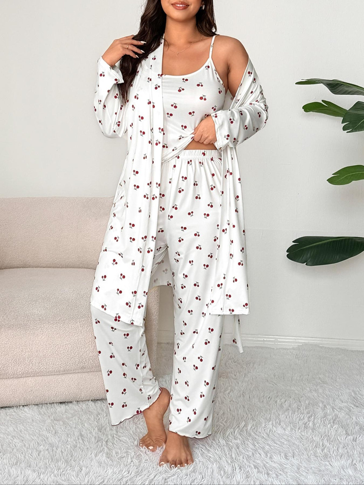 Plus Size Cherry Print Women's Sweet Comfortable Belted Robe & Sleeveless Long Pants & Cami Set