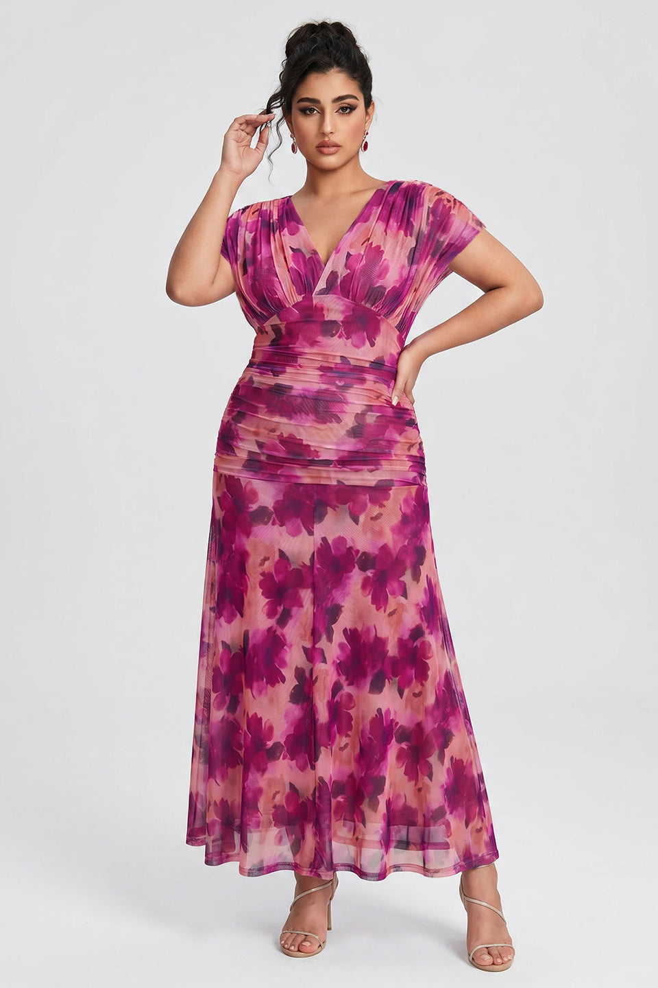 Curveins Plus Size V Neck Batwing Sleeve Cinched Waist Maxi Dress