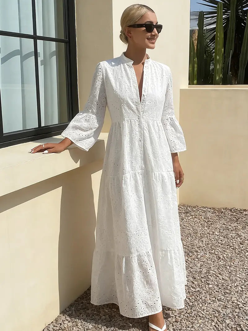 women's white fashionable French flared sleeve tunic dress with elegant French style