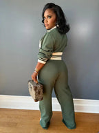 Women's Colorblock Print Zip Up Crop Jacket & Pants Two-piece Set, Casual Fashion Cozy Breathable Two Piece Outfits for Daily Outdoor Wear, Women Clothes for Fall & Winter