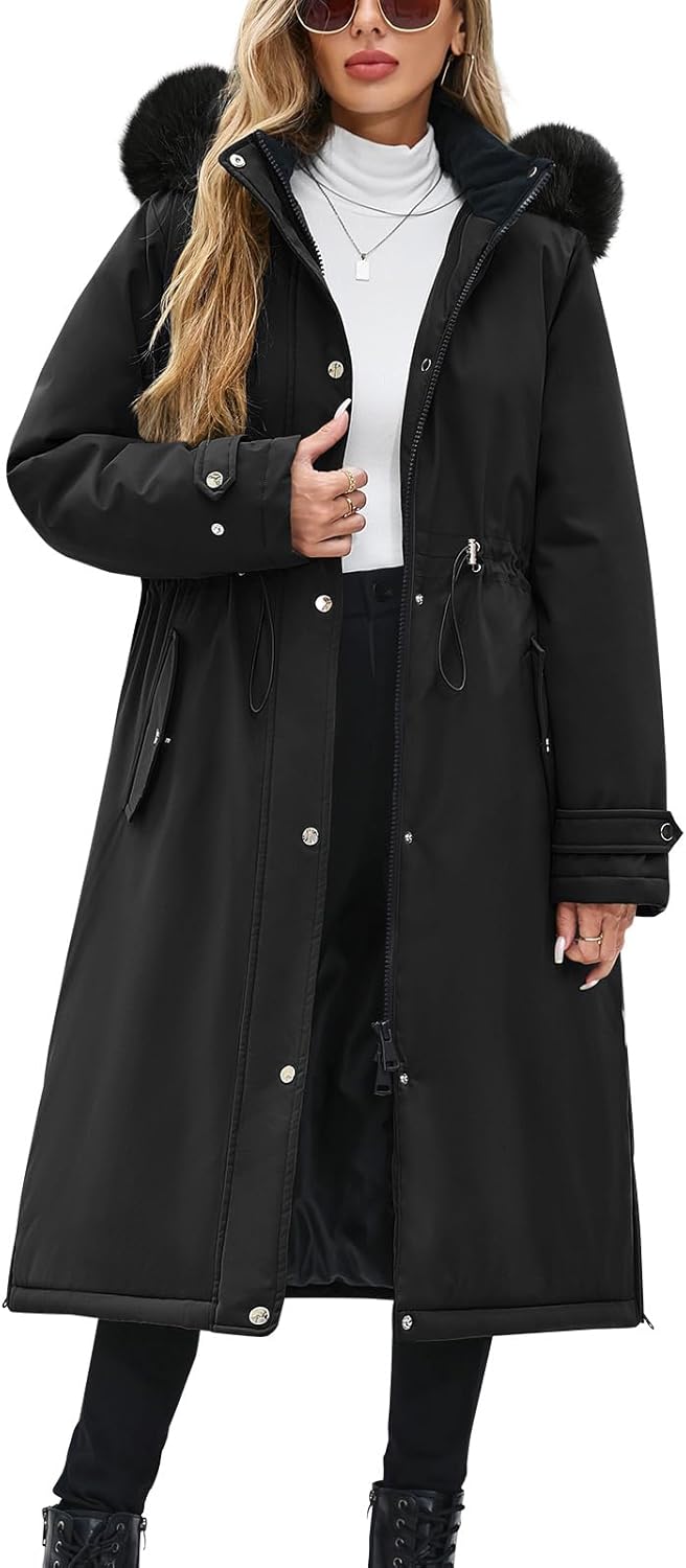 Women's Long Coats Winter Fleece Lined Warm Long Jackets for Women, Water Repellent Windproof Parka Coat Zip Up Button Drawstring Waist Overcoat with Pockets and Detachable Hood