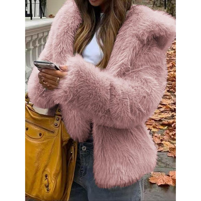 Women's Casual Faux Fur Hooded Jacket Short Style Fall & Winter Wear Moderate Fabric Thickness Fitted Design Coffee Brown Basic Outerwear Coats