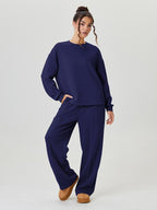 Women's Casual Solid Color Loose Long Sleeve Top & Exposed Stitches Trousers Co-ord