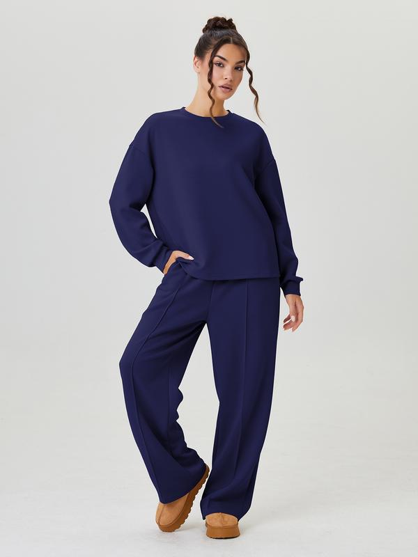 Women's Casual Solid Color Loose Long Sleeve Top & Exposed Stitches Trousers Co-ord