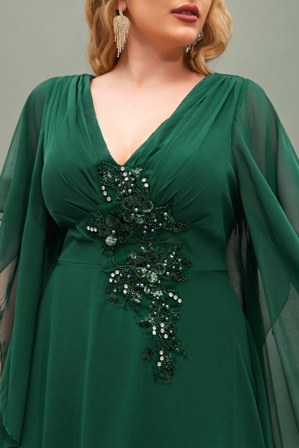 Curveins Plus Size V Neck Batwing Sleeve Chiffon Maxi Dress Elegant Flowing Fit