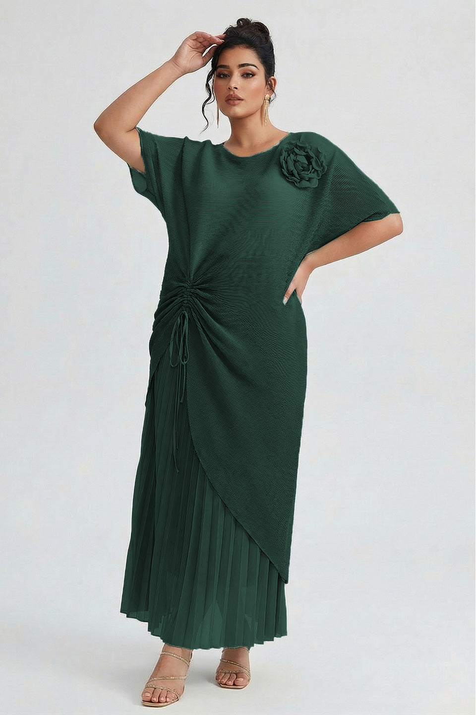 Curveins Plus Size Round Neck Short Sleeve Robe and Wide-Leg Pants Set