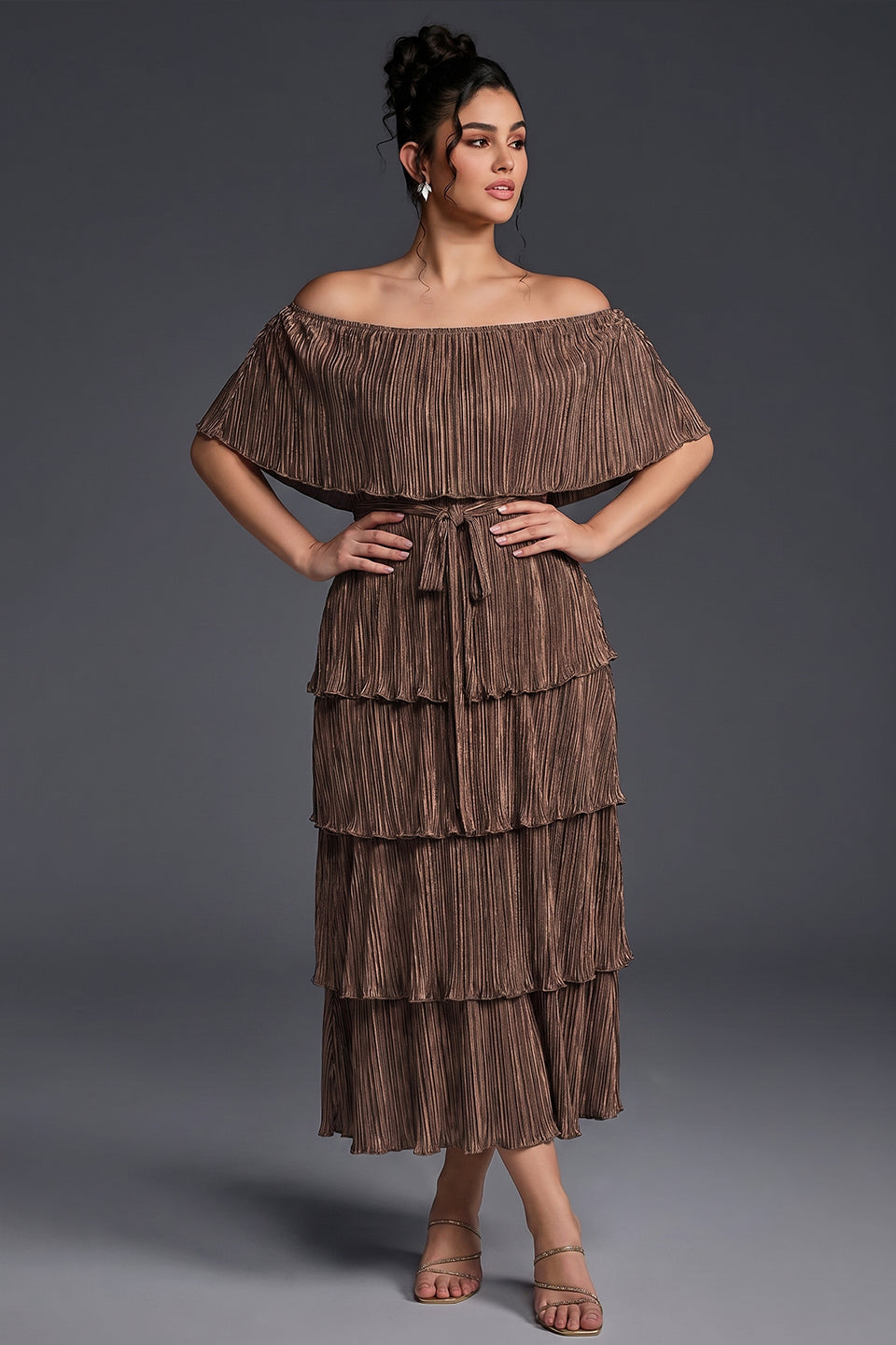 Curveins Plus Size Off-Shoulder Pleated Tiered Maxi Dress
