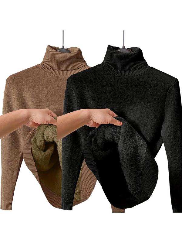Women's Solid Thermal Lined Drop Shoulder High Neck Sweater, Casual Solid Long Sleeve Jumper For Daily Outdoor Wear, Women Knit Top for Fall & Winter