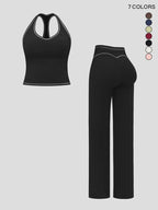 Women's yoga set with double straps, luxury activewear for running and exercise, colorblock fleece fabric.